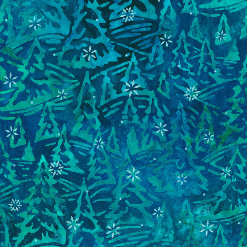 deep blue mottled fabric featuring rolling hills of fir trees in shades of mottled aqua and teal and accented with metallic silver snowflakes