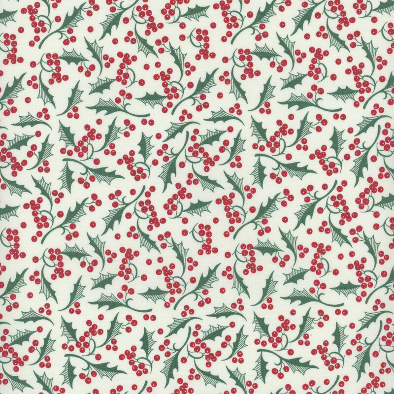 Cream fabric with a pattern of holly leaves and berries.
