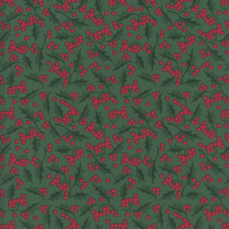 Green fabric with a pattern of holly leaves and berries.