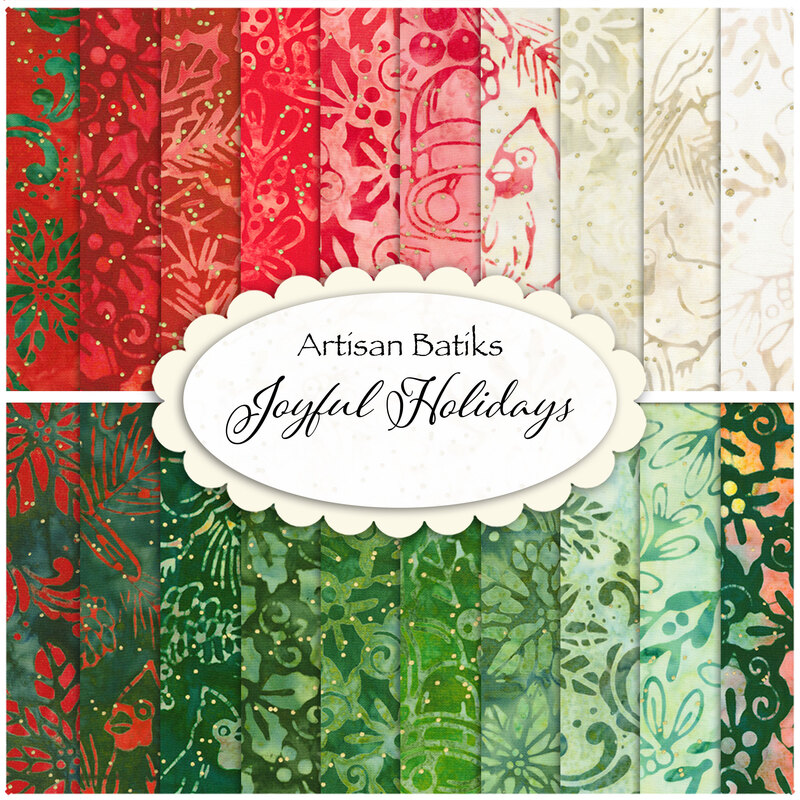 collage image of fabrics included in the Joyful Holidays batik collection