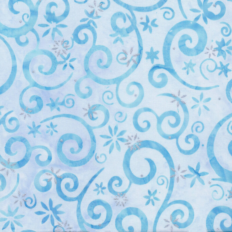 pastel blue mottled fabric featuring light blue swirling scrolls and snowflakes, accented with metallic silver snowflakes