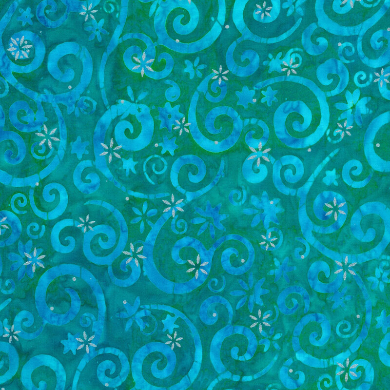 vivid teal mottled fabric featuring blue swirling scrolls and snowflakes, accented with metallic silver snowflakes