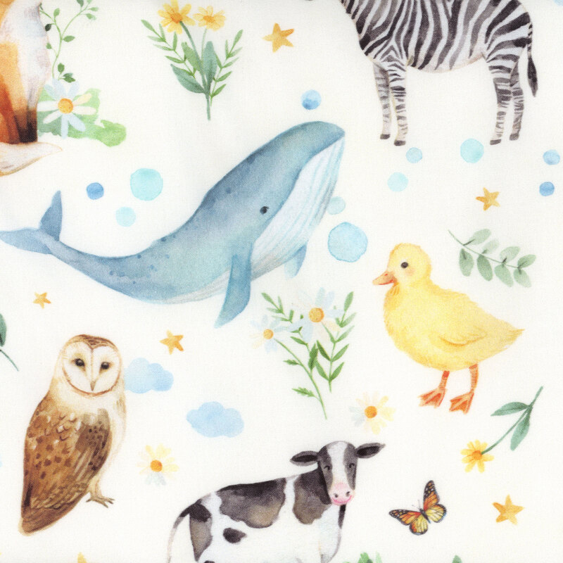 white fabric featuring various animals surrounded by flowers, clouds, and stars