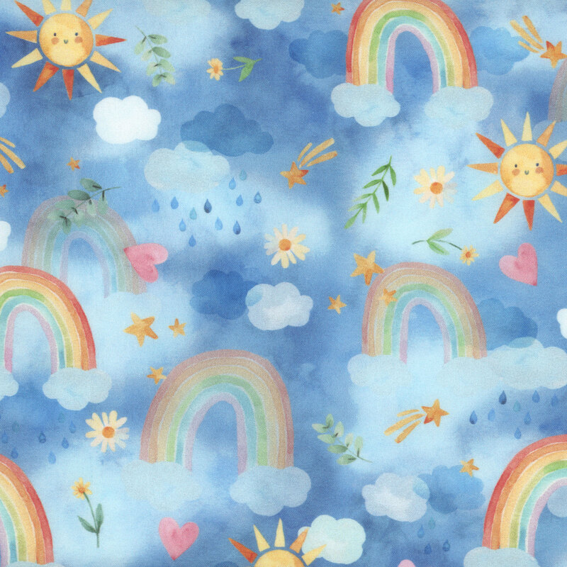 blue fabric featuring rainbows, clouds, flowers and the sun