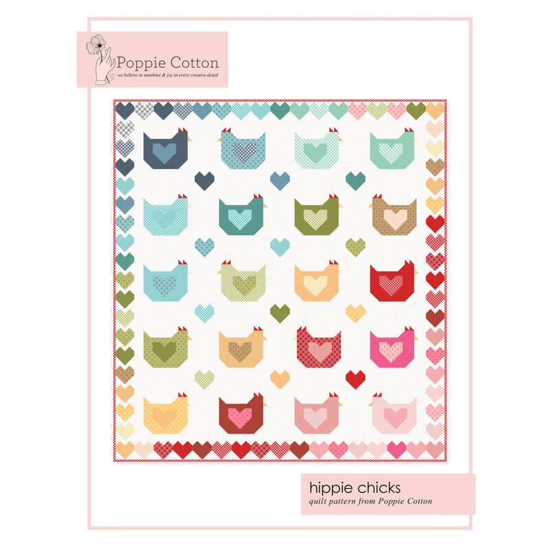 Front of pattern showing a digitized version of the finished project, a four by five grid of chickens, surrounded by hearts