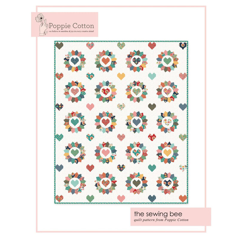 Front of pattern showing a digitized version of the finished project, a four by five grid of dresden plate flowers