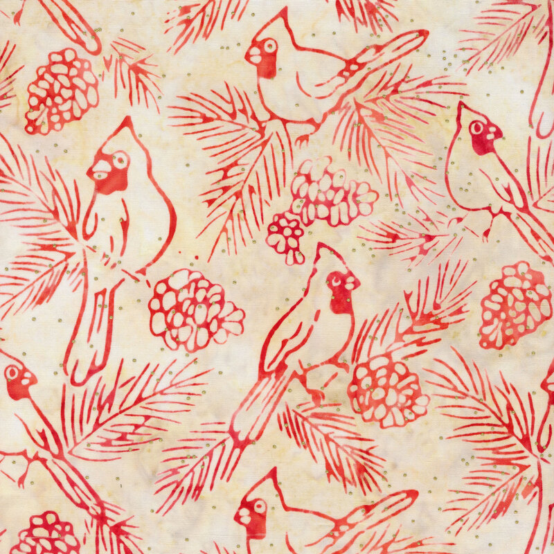 Cream mottled fabric with pine boughs, cardinals, and pine cones in shades of red.