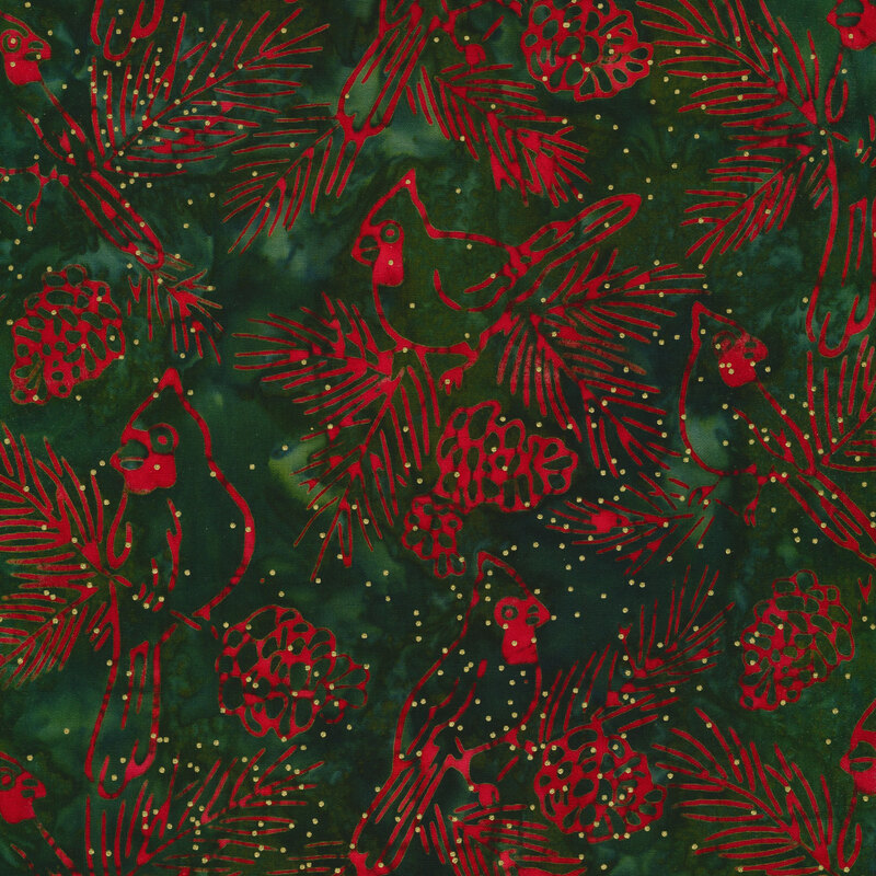 Green mottled fabric with pine boughs, cardinals, and pine cones in shades of red with gold metallic accents.