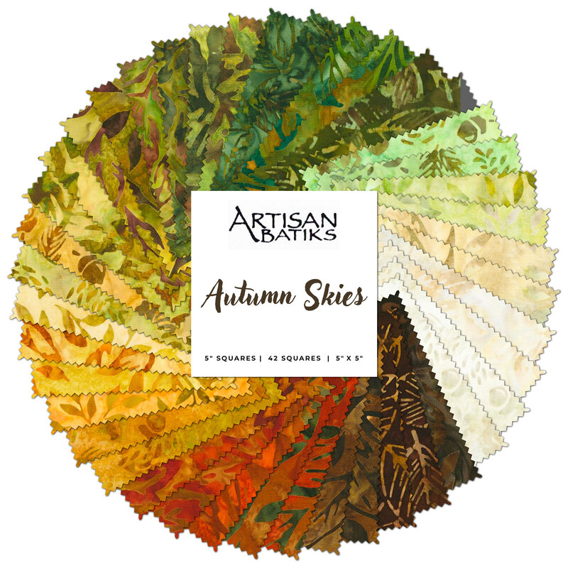 Collage of all Autumn Skies batik fabrics in a circle, in lovely shades of brown, orange, yellow, cream, and green