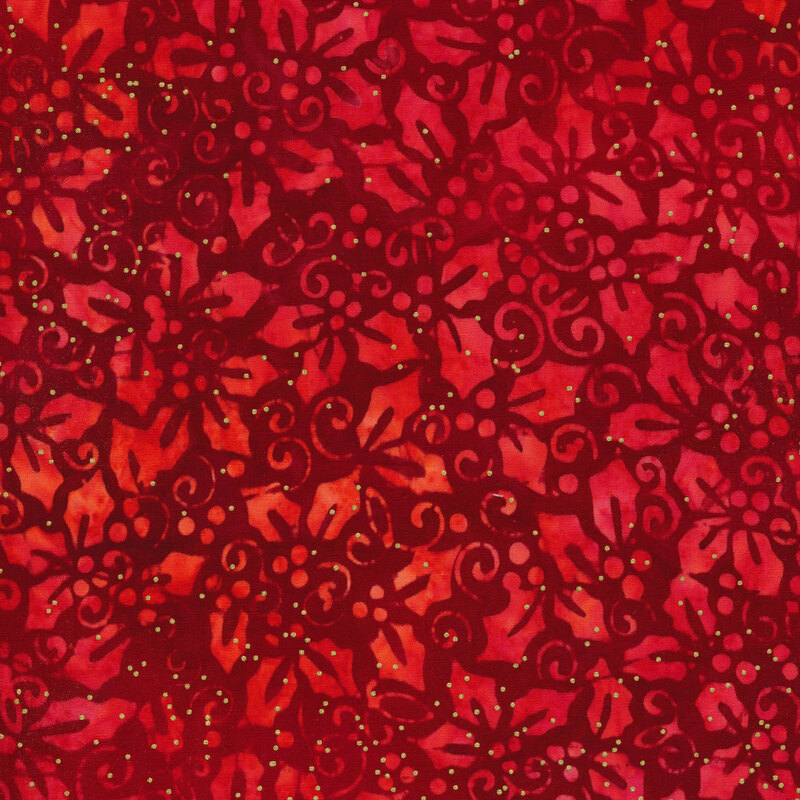 Red mottled fabric with light tonal holly with gold metallic accents