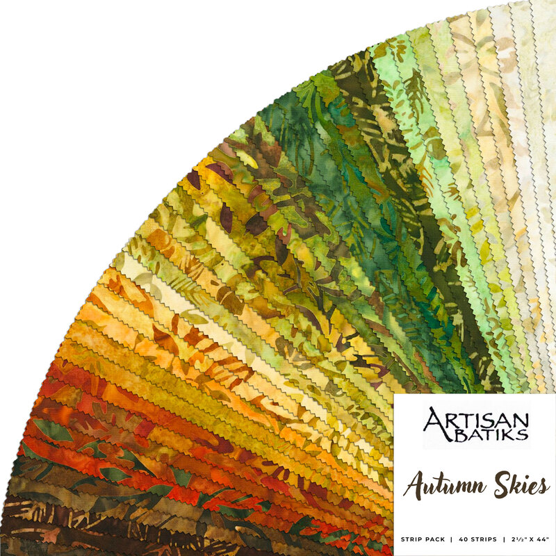 Collage of all Autumn Skies batik fabrics in a fan, in lovely shades of brown, orange, yellow, cream, and green