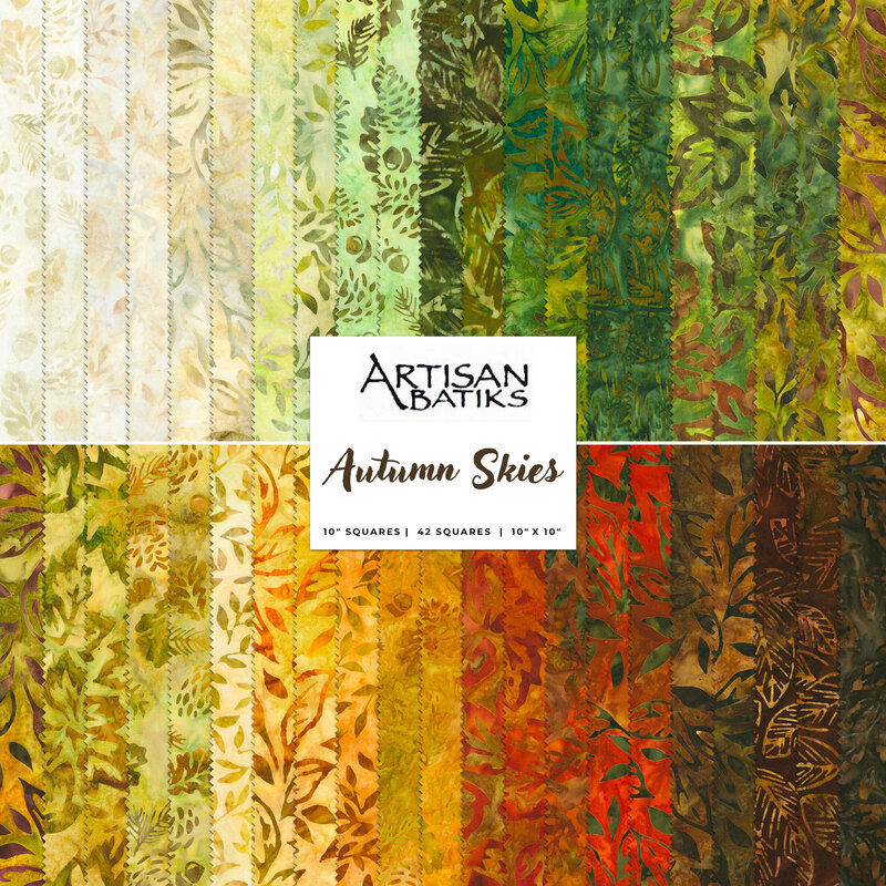 Collage of all Autumn Skies batik fabrics, in lovely shades of brown, orange, yellow, cream, and green