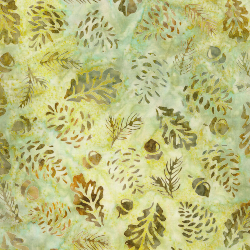 light green mottled fabric featuring scattered leaves, pine needles, pinecones, and acorns in shades of mottled brown
