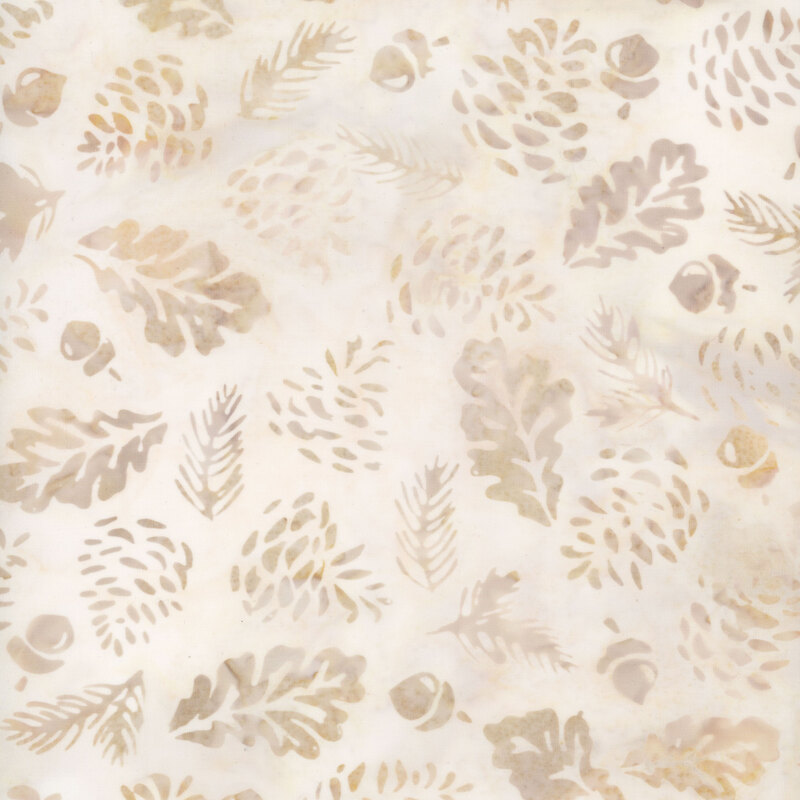 light cream mottled fabric featuring scattered leaves, pine needles, pinecones, and acorns in shades of mottled tan