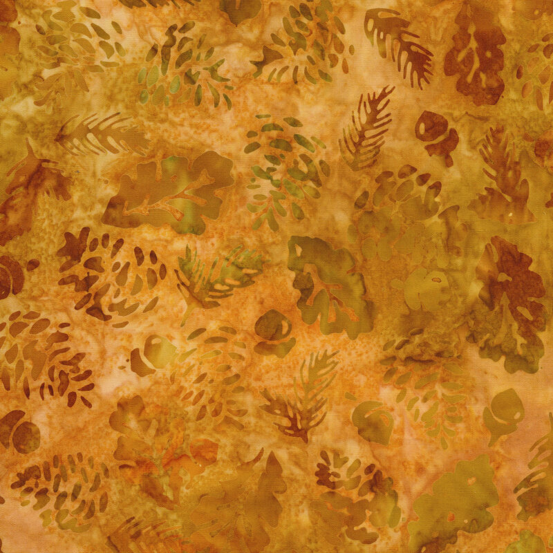 golden orange mottled fabric featuring scattered leaves, pine needles, pinecones, and acorns in shades of mottled orange