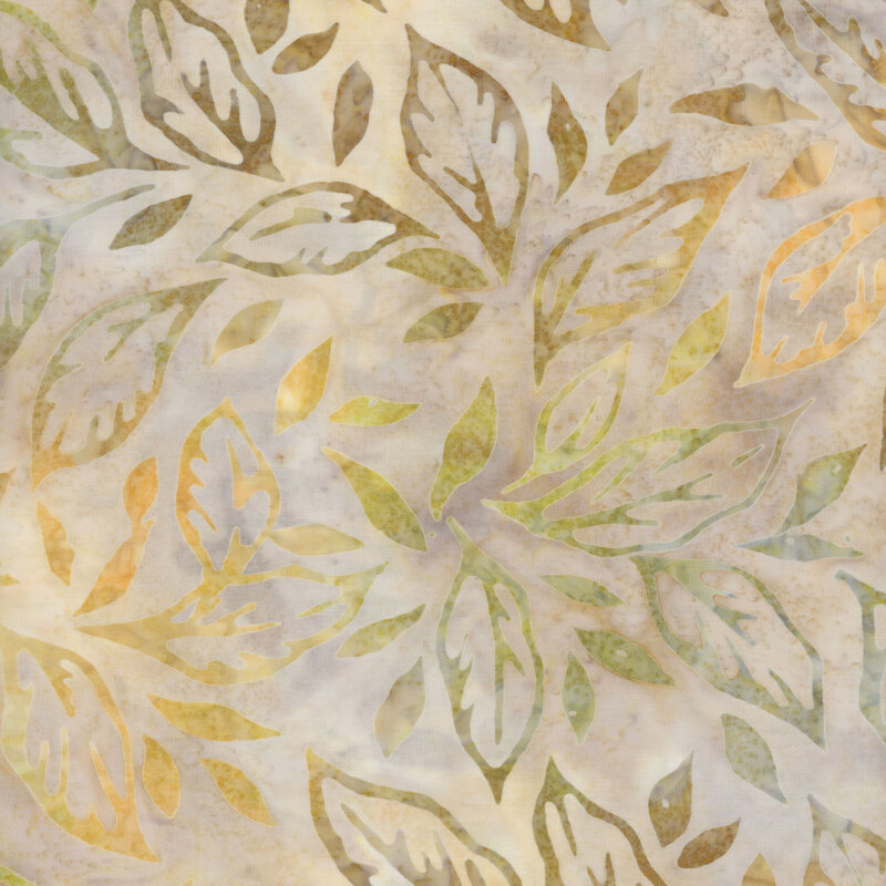 cream and light purple mottled fabric featuring scattered leaves in shades of mottled tan and yellow