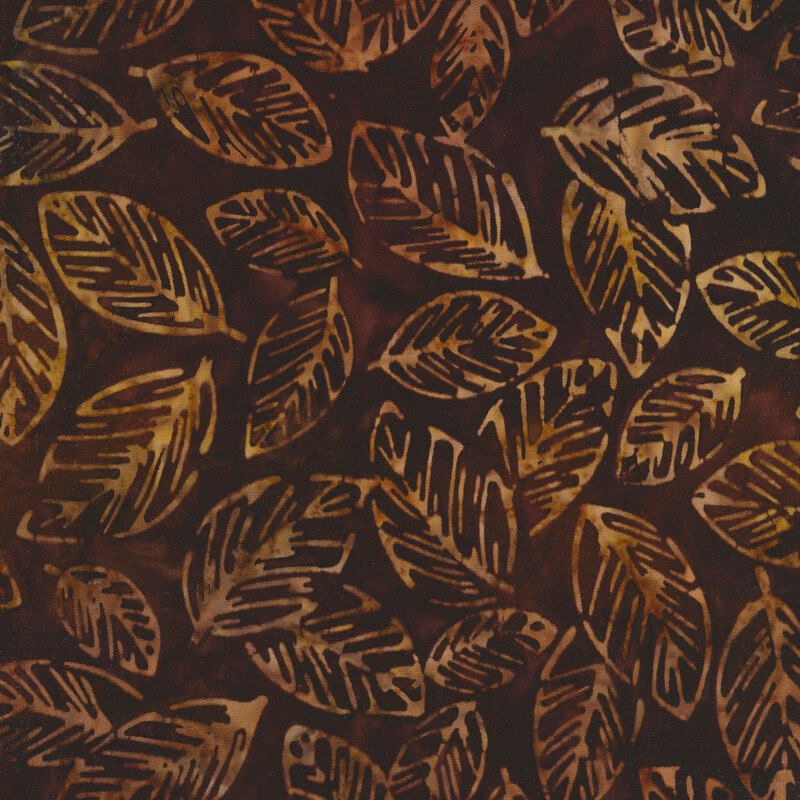 deep brown mottled fabric featuring scattered leaves in shades of mottled tan