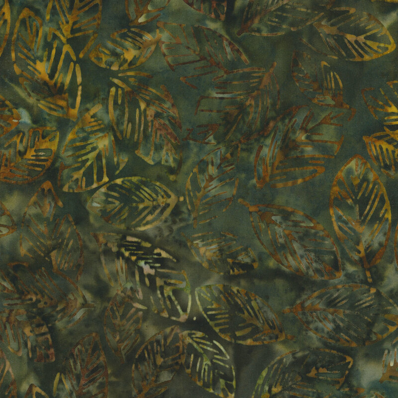 hunter green mottled fabric featuring scattered leaves in shades of mottled brown and yellow