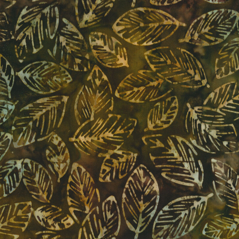 dark olive green and brown mottled fabric featuring scattered leaves in shades of mottled light green