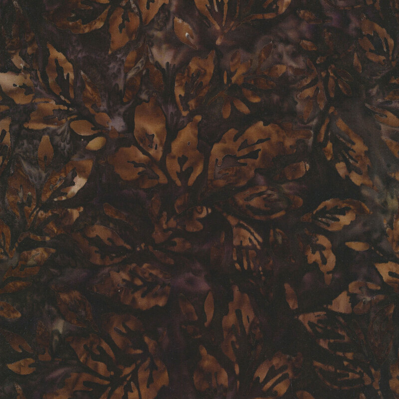rich dark brown mottled fabric featuring scattered leaves in shades of mottled brown