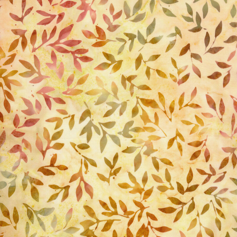 pale yellow mottled fabric featuring scattered leaves and vines in shades of mottled green, maroon and gold
