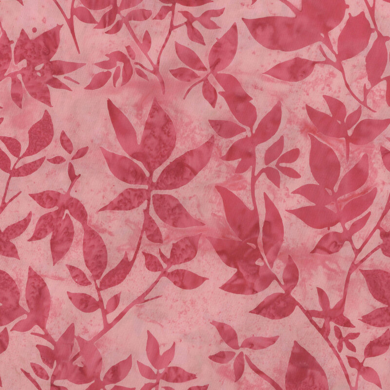 Light pink mottled fabric with darker tonal forest leaf silhouettes