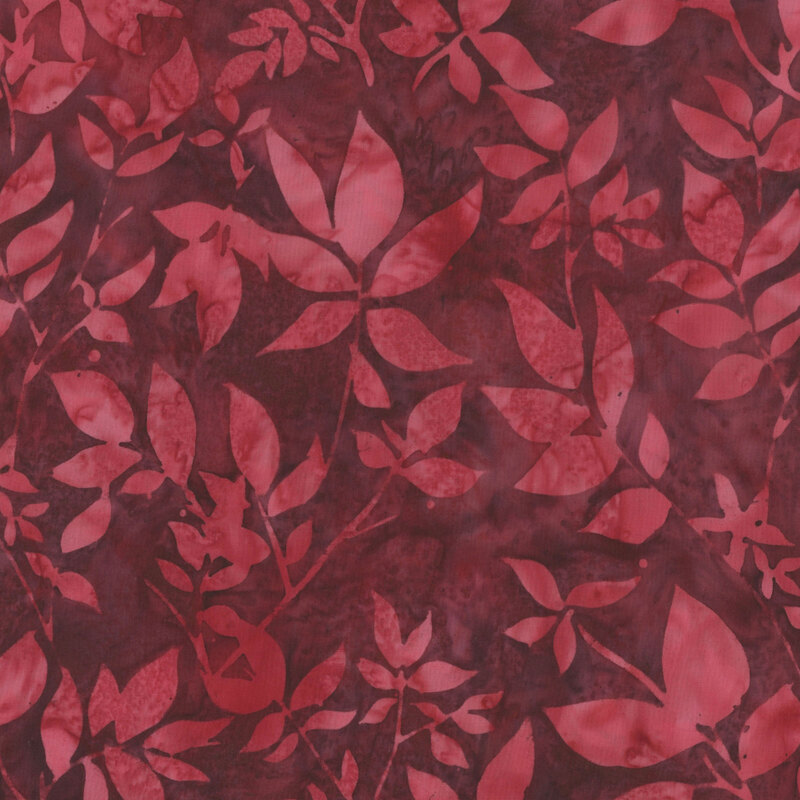 Rich dark magenta mottled fabric with lighter tonal forest leaf silhouettes