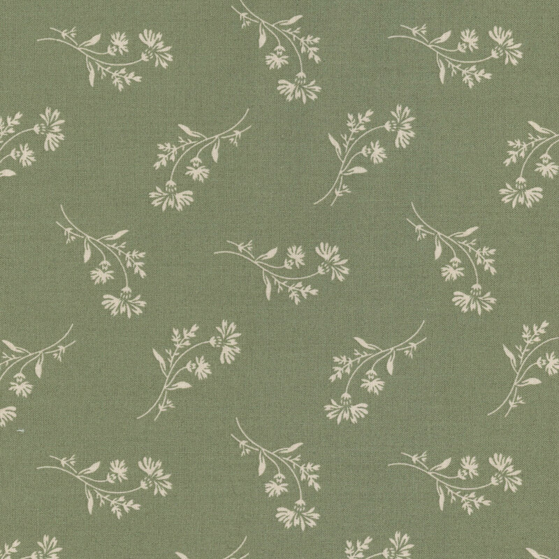 Dusty forest green fabric with tossed cream florals all over