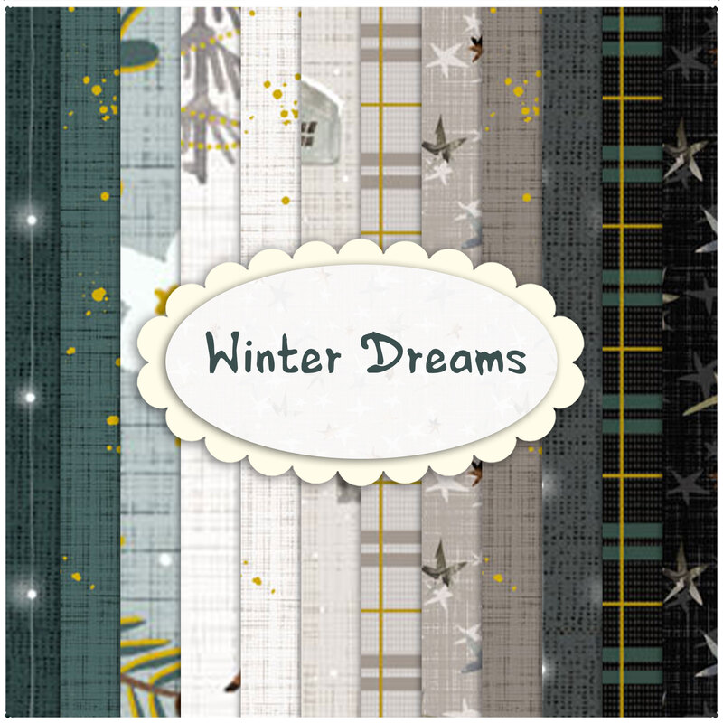 Collage of all Winter Dreams Fabrics, in lovely shades of cream, green, taupe, gray, and black