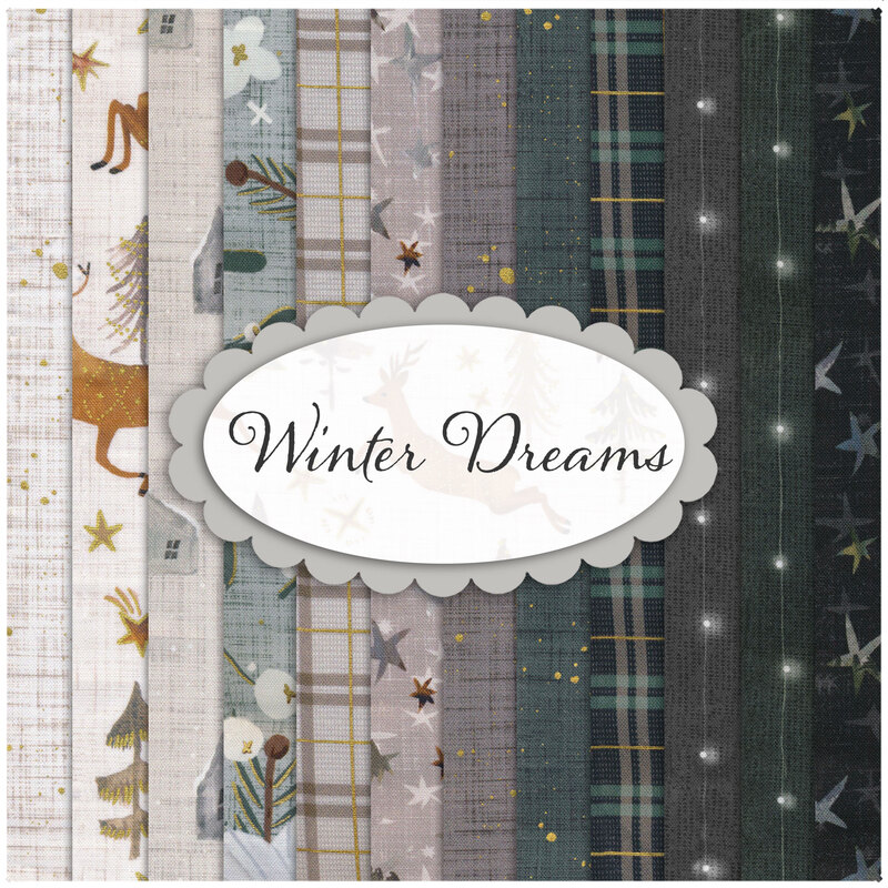 Collage of all Winter Dreams Fabrics, in lovely shades of cream, green, taupe, gray, and black