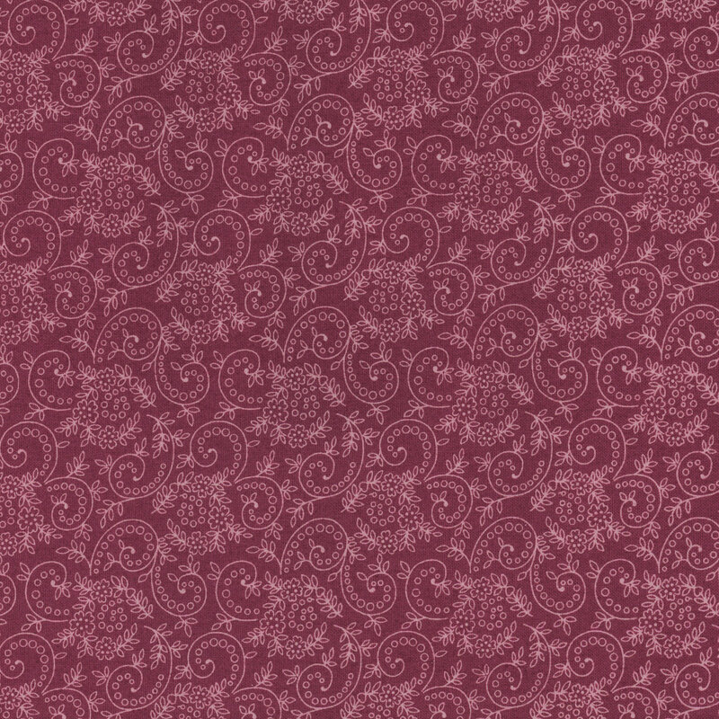 tonal plum fabric featuring a swirly floral pattern throughout