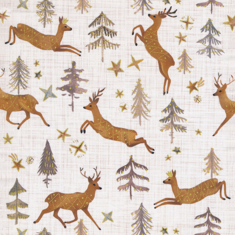 white textured fabric featuring prancing deer covered in metallic gold tinsel, gold decorated Christmas trees, and scattered gold lined stars