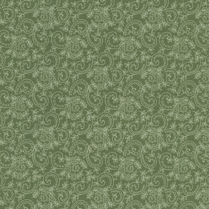 tonal green fabric featuring a swirly floral pattern throughout