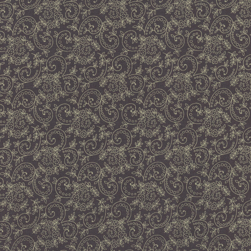 dark gray fabric featuring a swirly floral pattern throughout