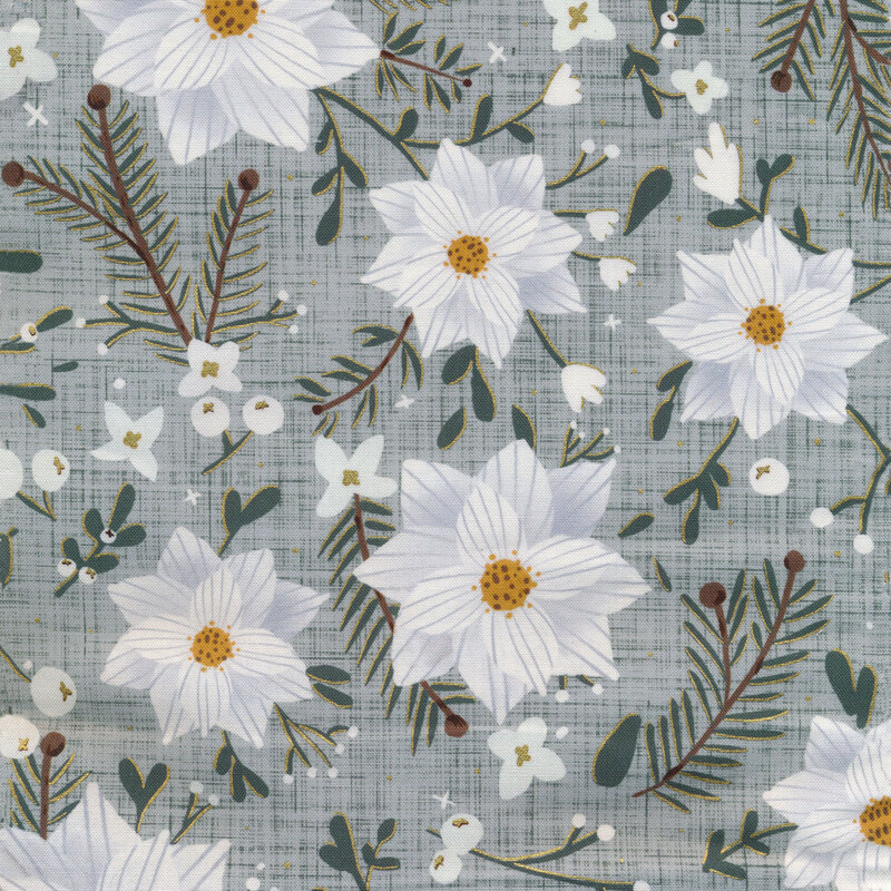 pale aqua blue textured fabric featuring scattered white flowers, mistletoe berries, and fir sprigs, all accented with metallic gold