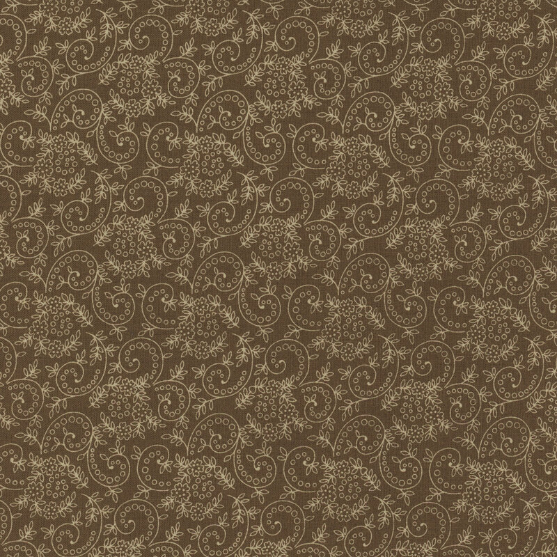 dark brown fabric featuring a swirly floral pattern throughout