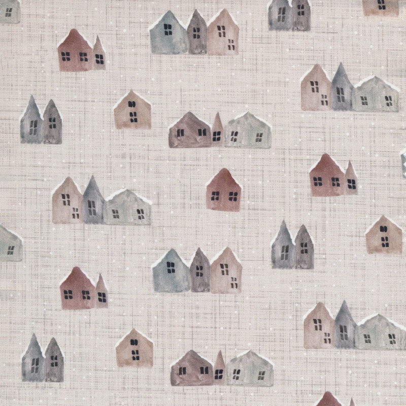 light warm gray textured fabric featuring little watercolor homes with snow covered roofs and softly falling snowflakes