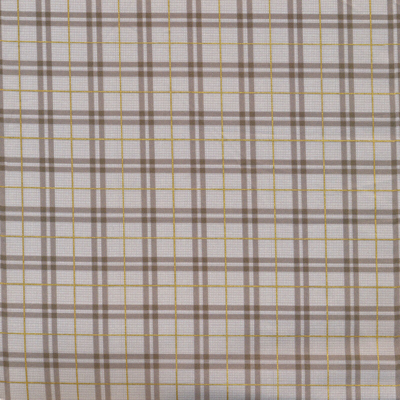 warm gray textured fabric featuring gray and metallic gold plaid lines