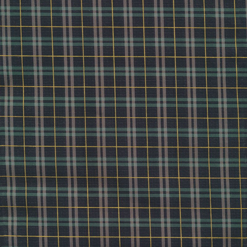 faded black textured fabric featuring green, gray, and metallic gold plaid lines