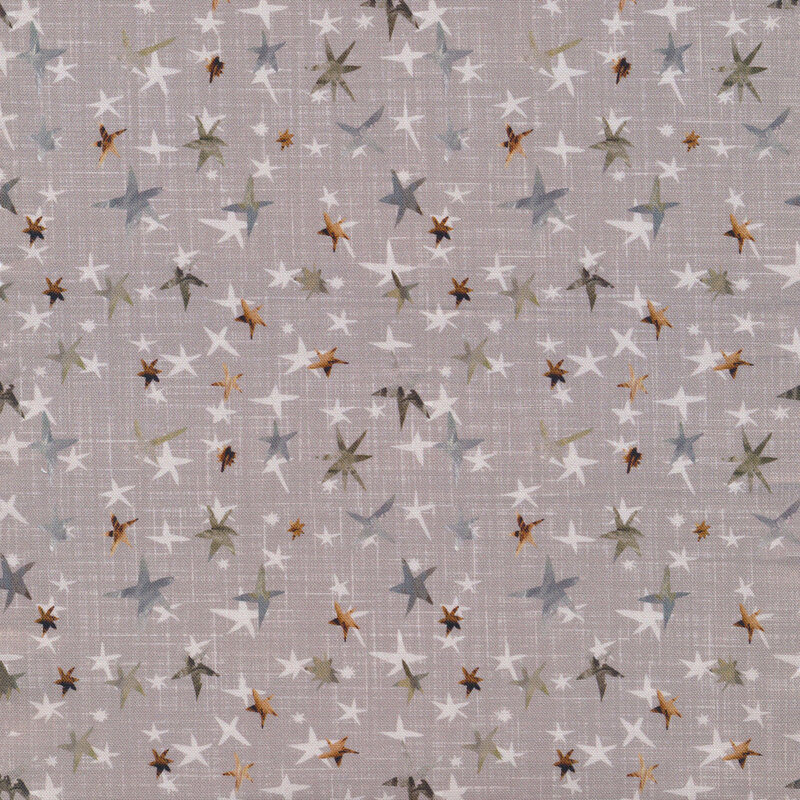 warm gray textured fabric featuring scattered white, blue, brown, and green stars