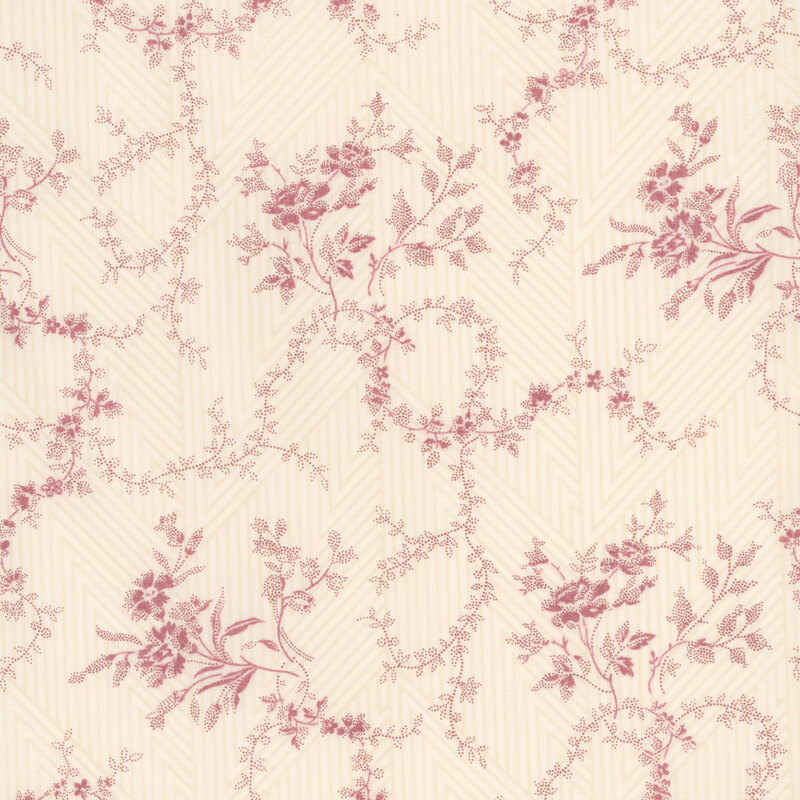 light cream fabric featuring purple florals and swirling vines against a subtle geometric background