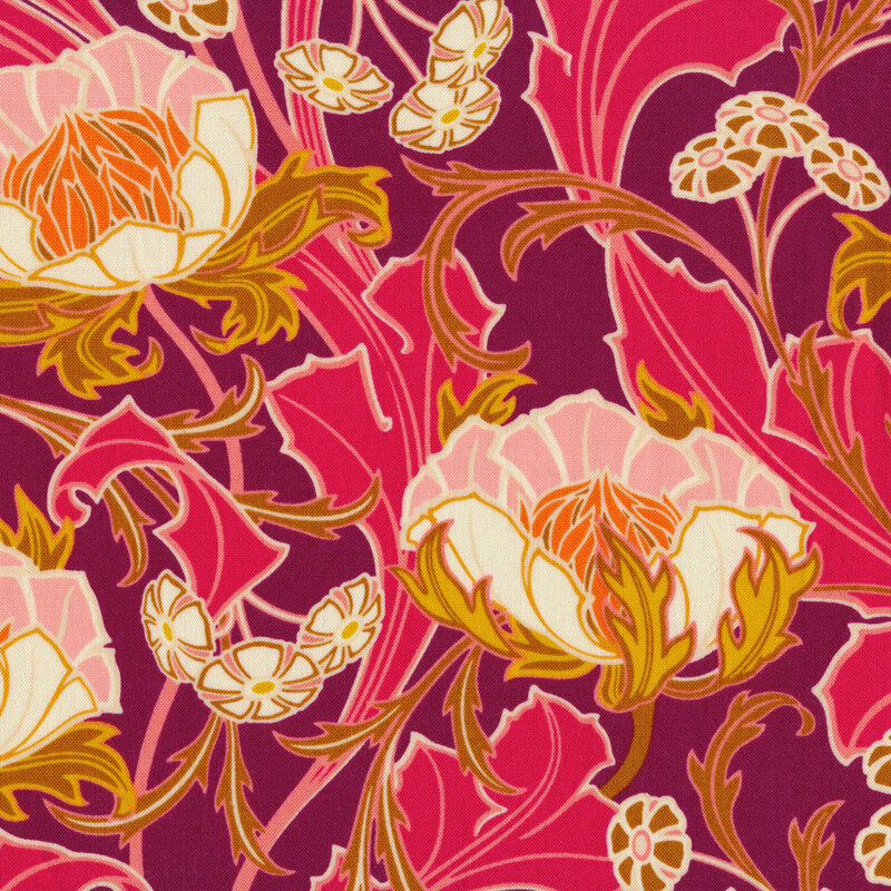 vibrant plum fabric featuring vivid red leaves twining amidst cream flowers