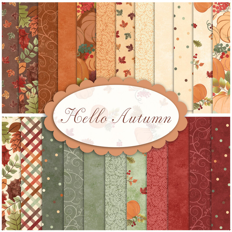 Collage of fabrics in hello autumn in shades of cream, orange, red and green