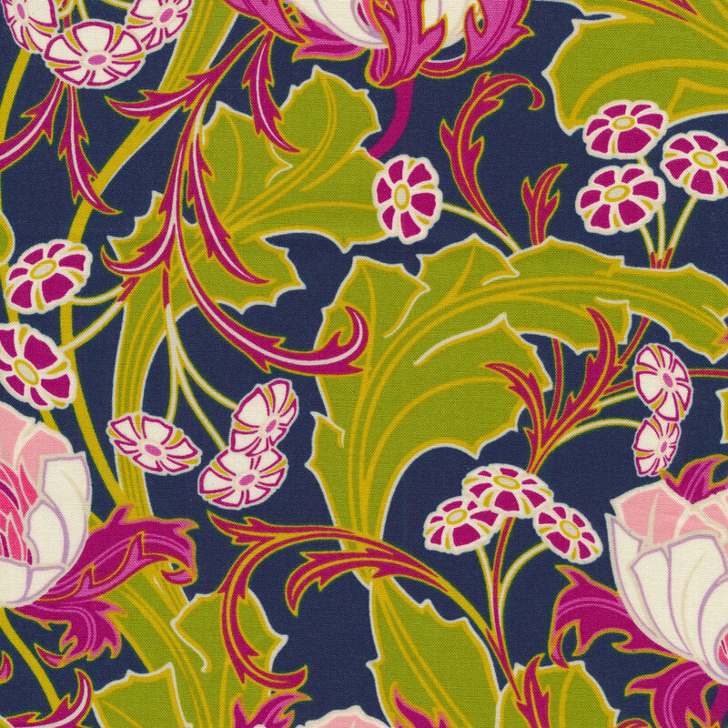 navy blue fabric featuring vivid green leaves twining amidst cream and purple flowers