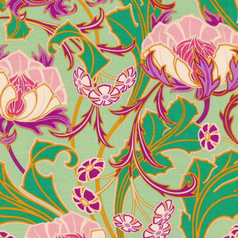 seafoam green fabric featuring vivid green leaves twining amidst cream and purple flowers