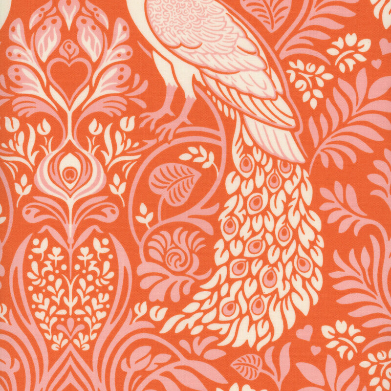 warm orange fabric featuring peach floral damask patterning and gorgeous white and peach peacocks