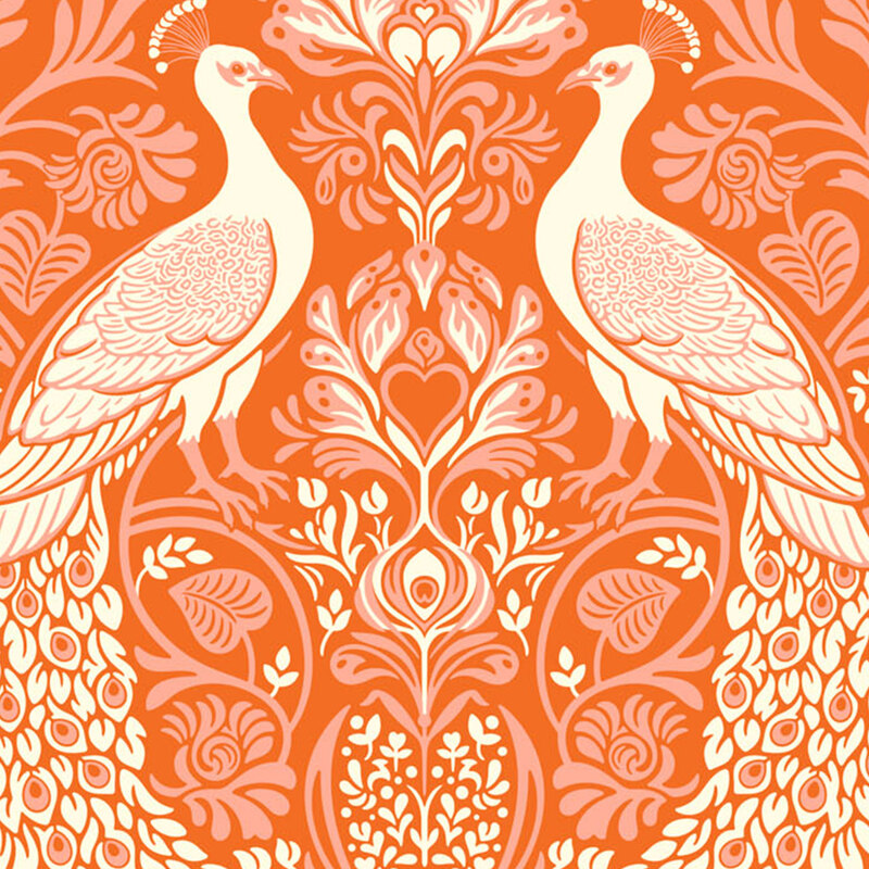 warm orange fabric featuring peach floral damask patterning and gorgeous white and peach peacocks