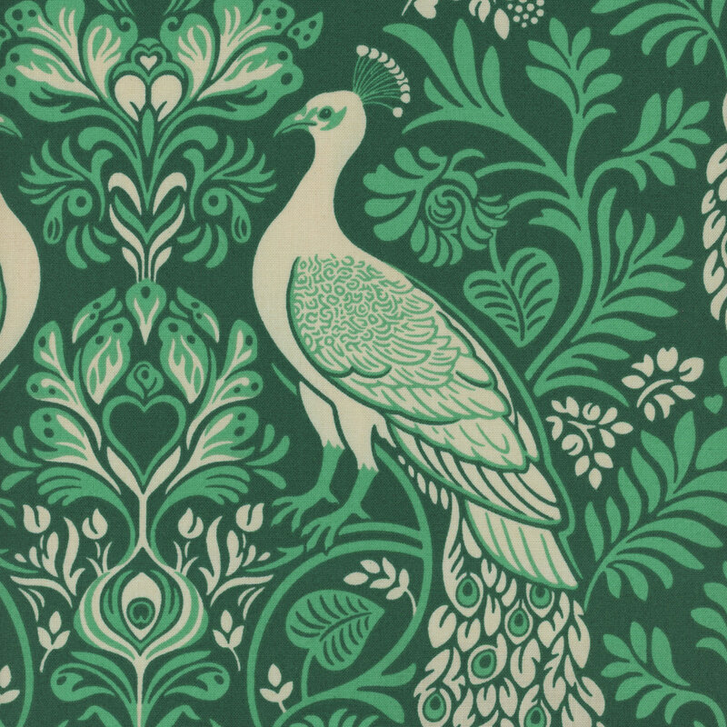 forest green fabric featuring green floral damask patterning and gorgeous tan and green peacocks