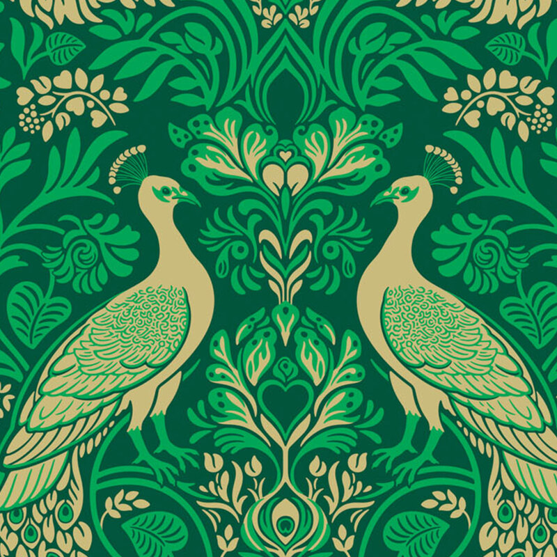 forest green fabric featuring green floral damask patterning and gorgeous tan and green peacocks