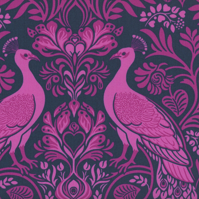 navy blue fabric featuring purple floral damask patterning and gorgeous fuchsia and purple peacocks